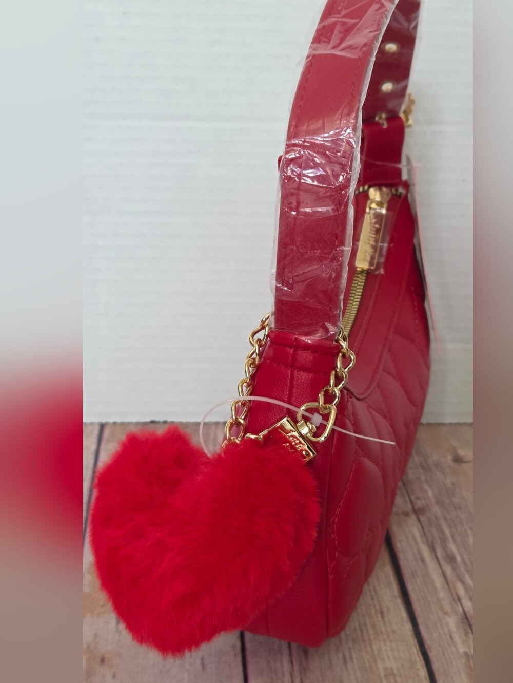 Betsey Johnson Red Quilted Heart Pom-Pom Shoulder Bag - Picture 16 of 16